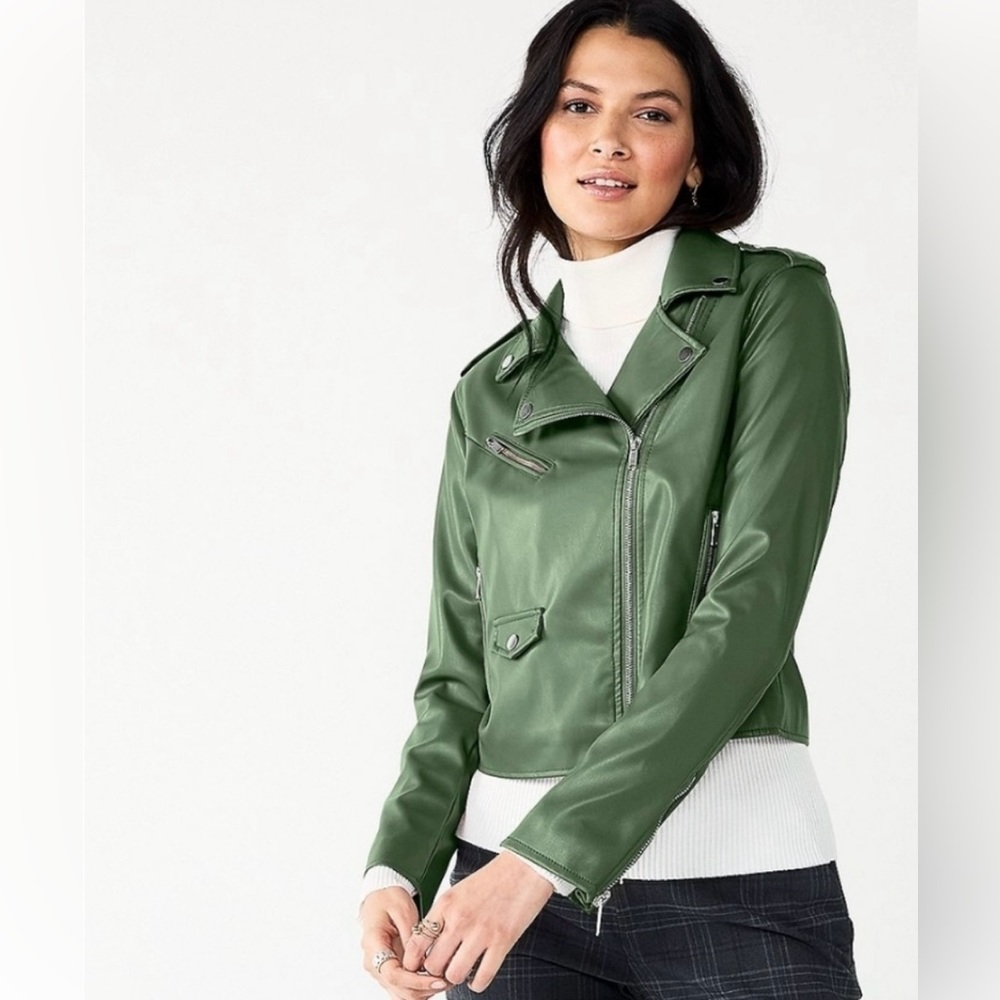 Sage green vegan leather moto jacket